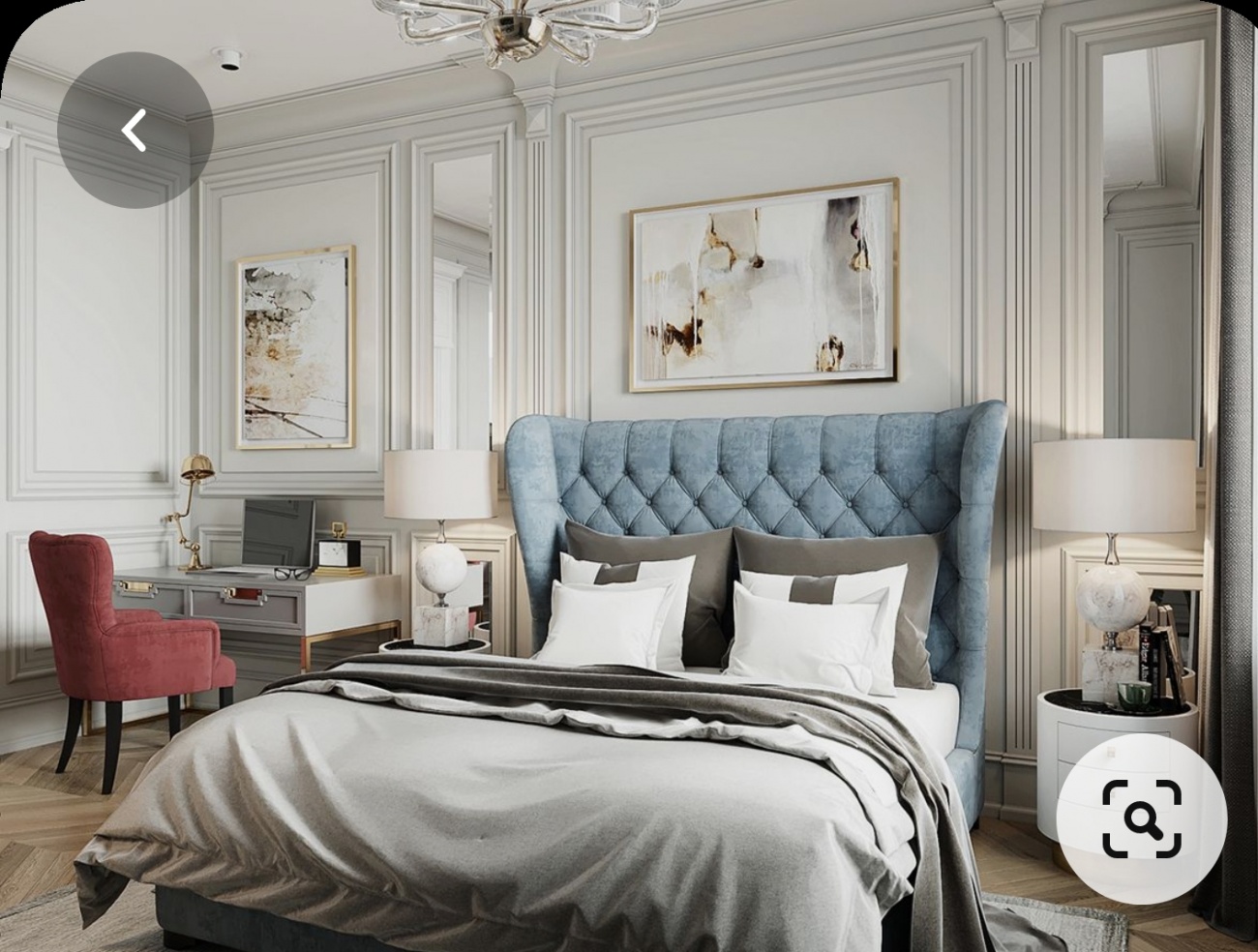 Behind the bed and side wall