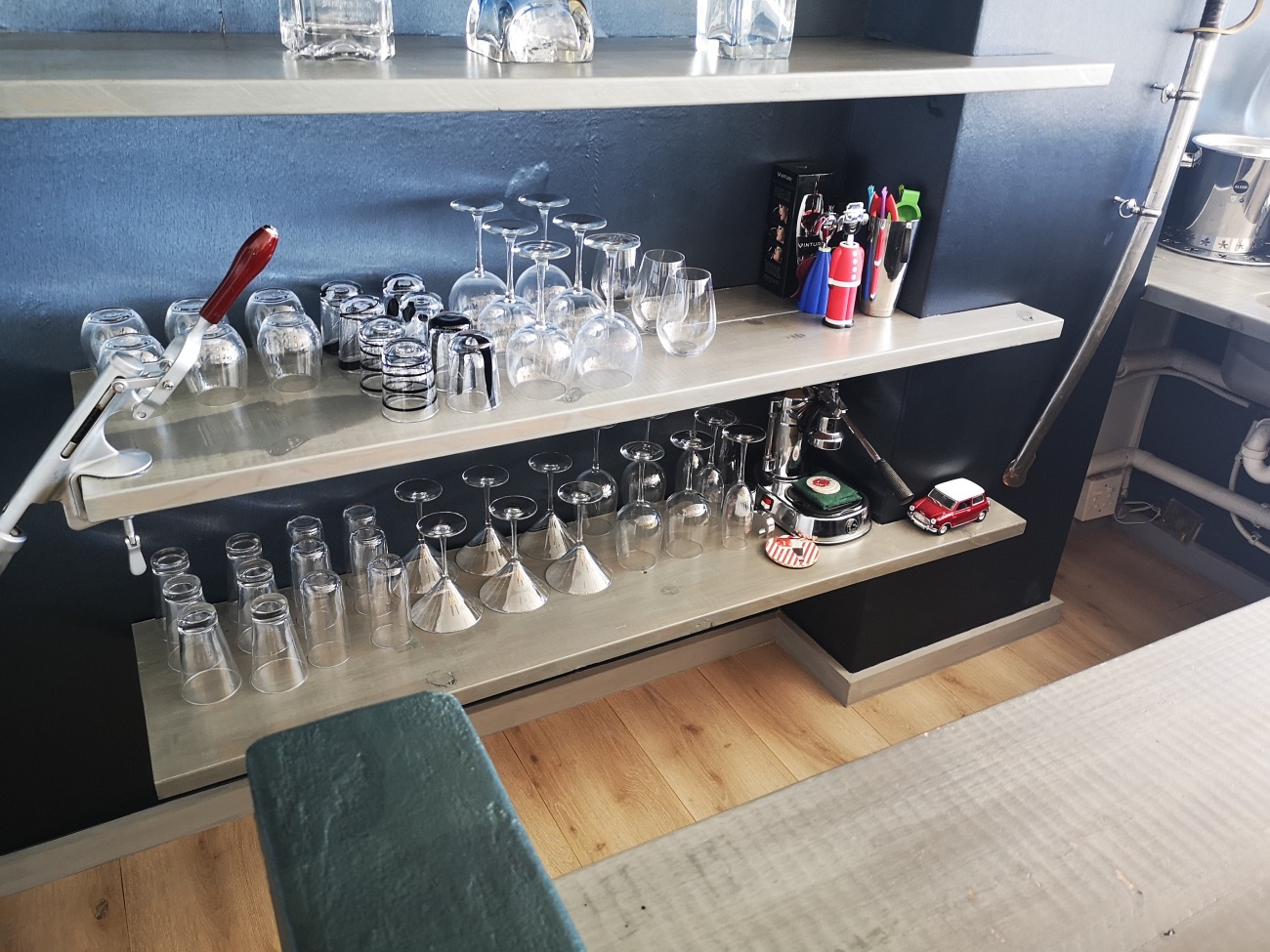 Floating shelves for bar area