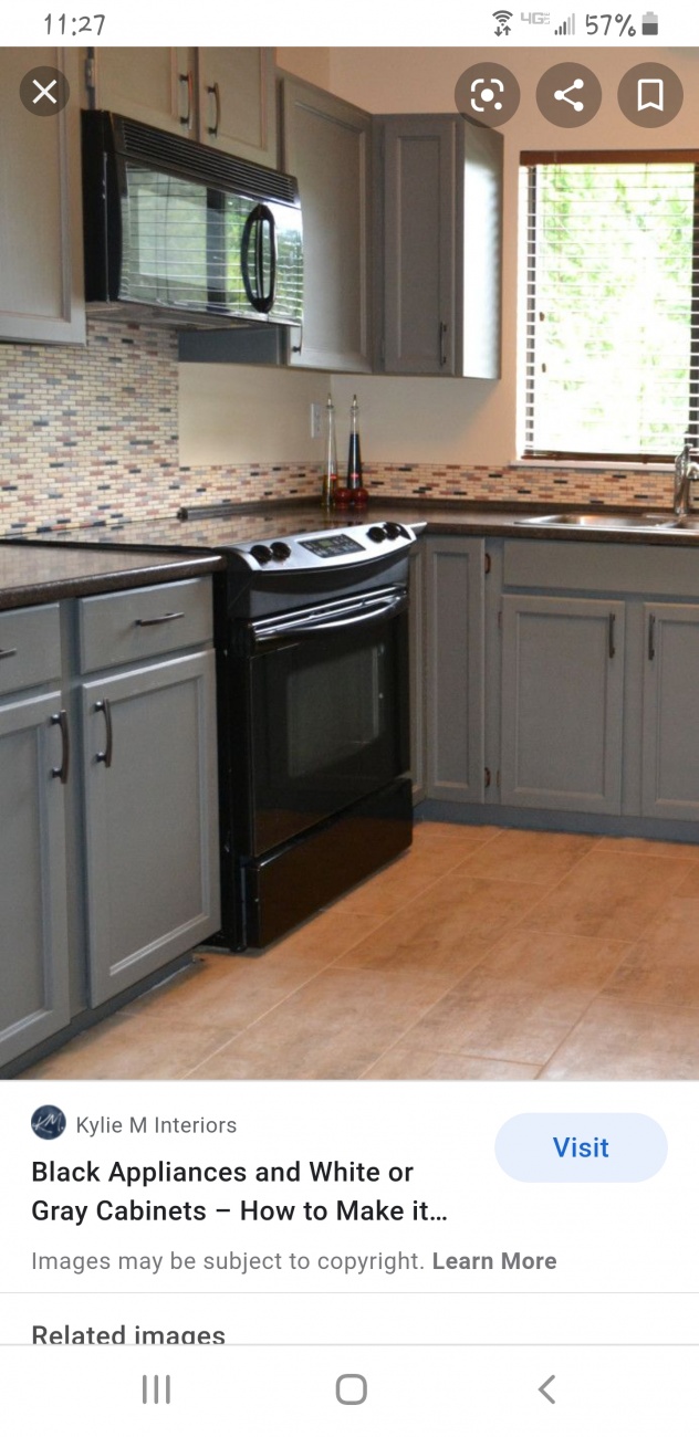 Grey cabinets w/ black appliances 