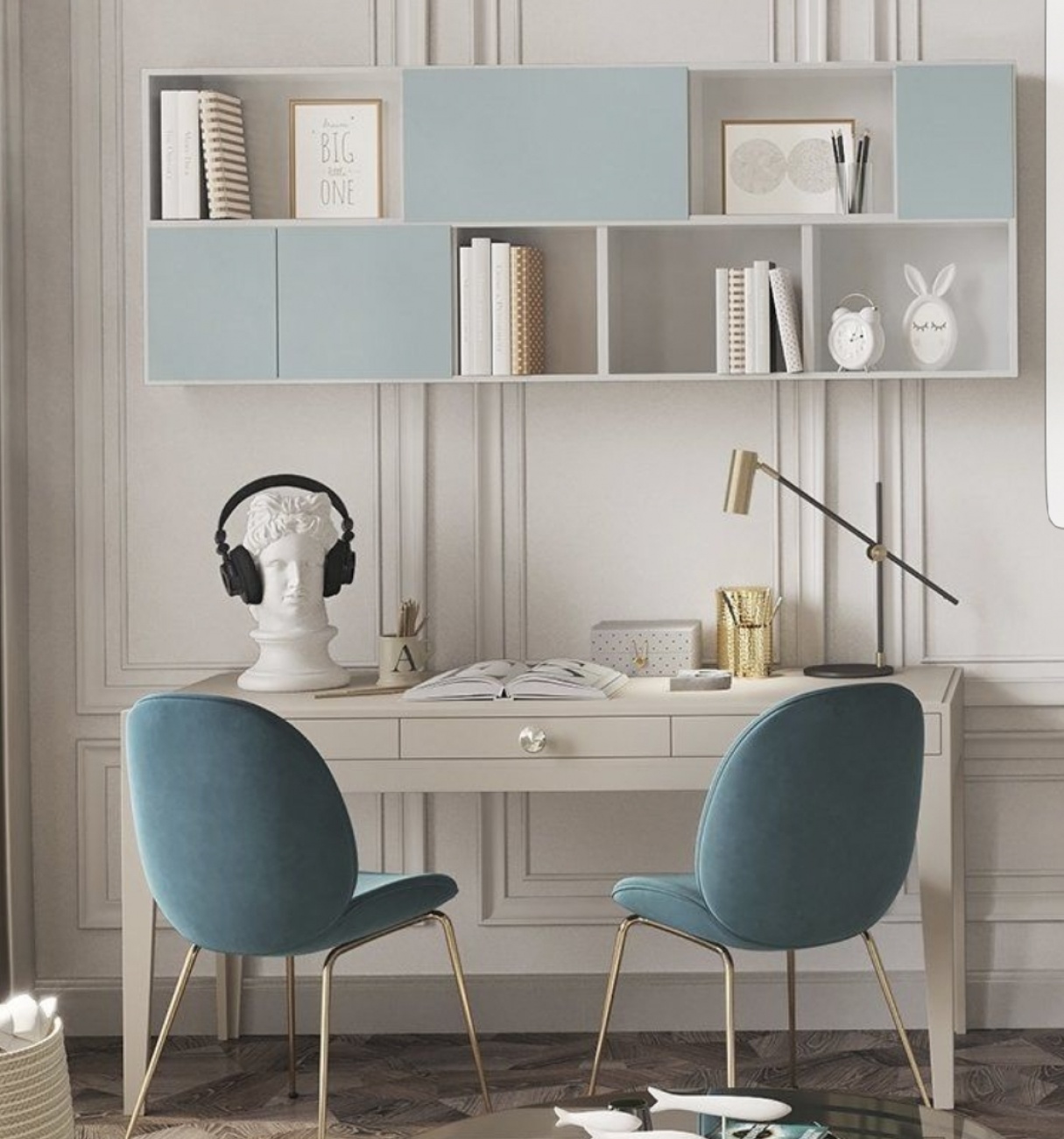 Study table, wall shelves and wooden ...